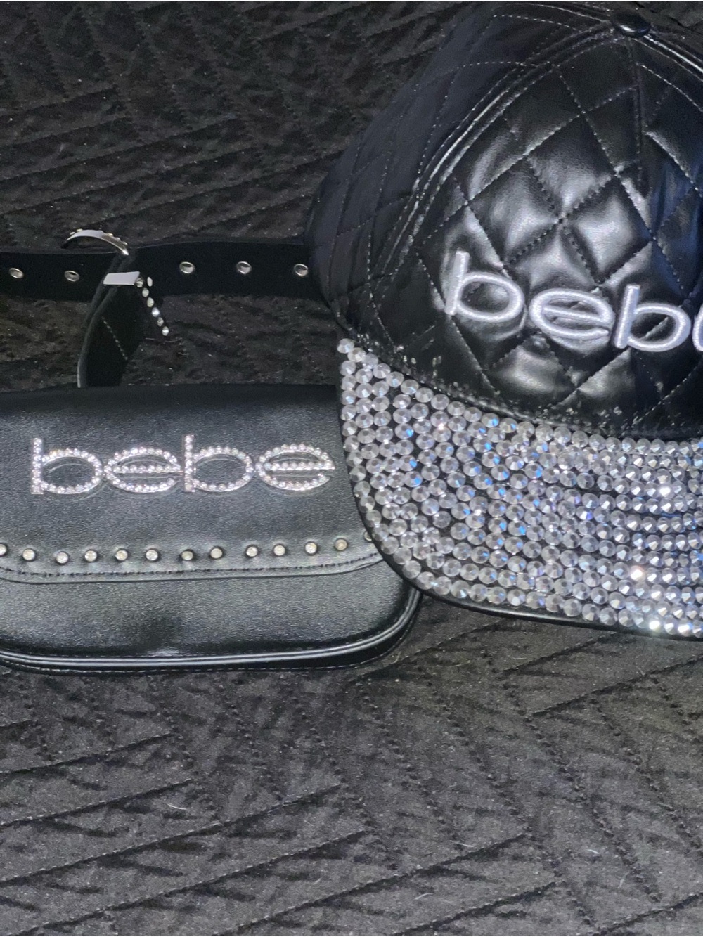bebe Black Quilted Cap and Matching Belt Bag Set